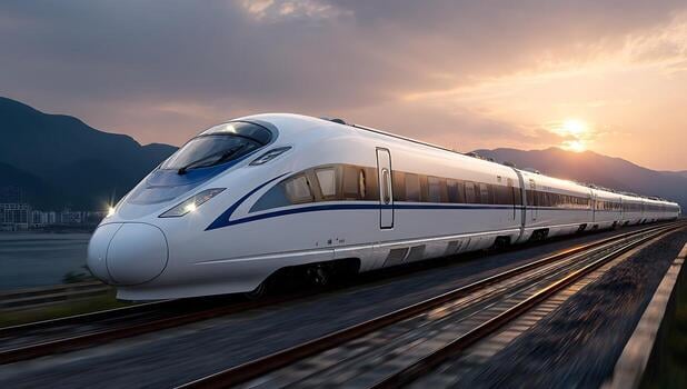 A sleek high-speed train travels along tracks at sunset, with mountains silhouetted in the background and the sky glowing warmly.