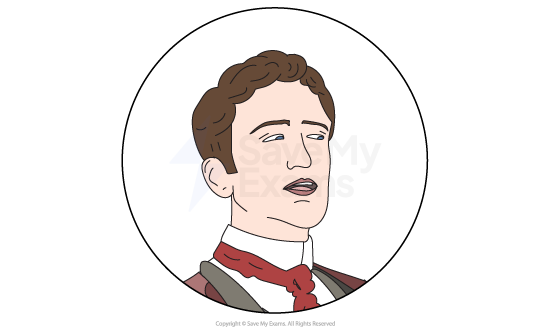 Illustration of a man in Victorian attire with a brown suit and red cravat, framed in a circular border, looking slightly upwards.