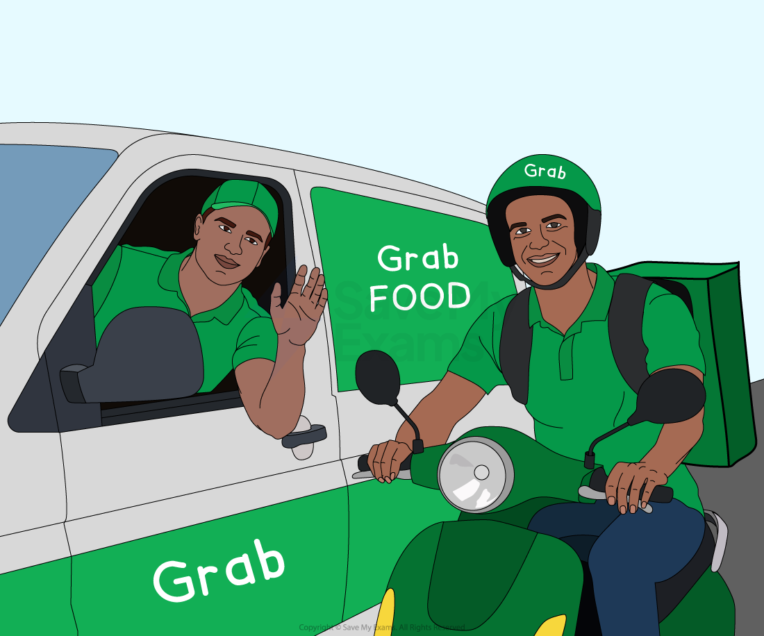 Illustration of a yellow Grab taxi car next to a GrabFood delivery person in green uniform packing a food bag into a green delivery box on a scooter.