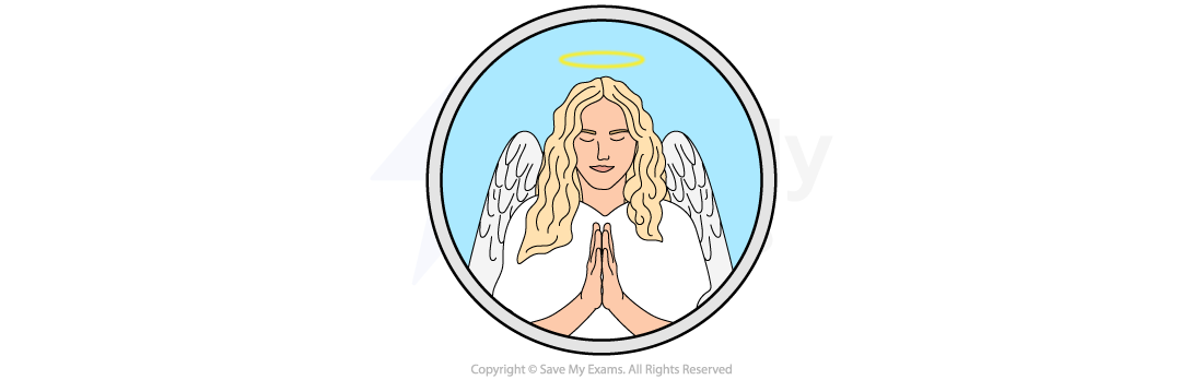 Illustration of an angel with blond hair, halo, and wings, hands clasped in prayer, against a blue background within a circular frame.