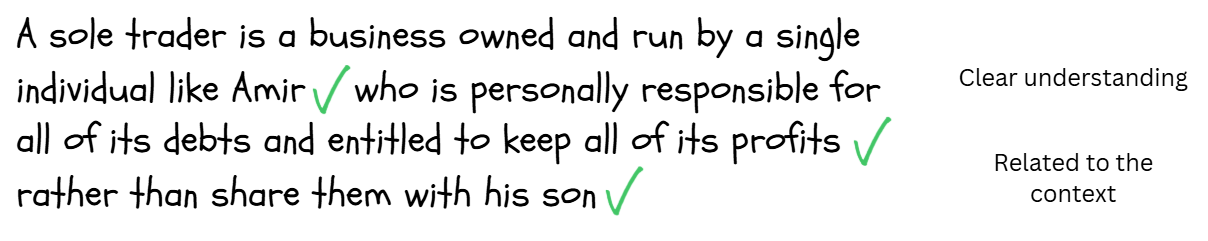 Handwritten definition of a sole trader using Amir as an example, with green ticks, explaining owner responsibility for all debts and keeping all profits.