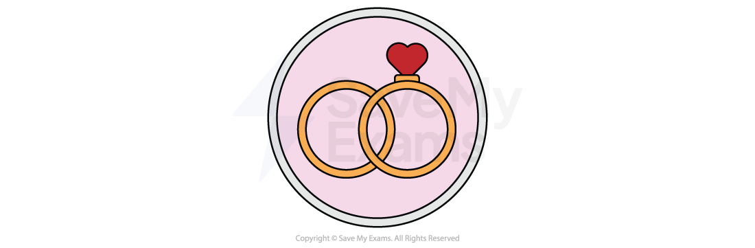 Two interlocking gold rings on a pink background, one featuring a red heart-shaped gem at the top, enclosed in a circular frame.