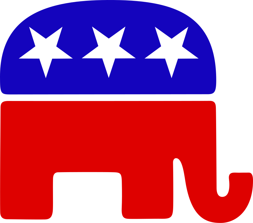 Red elephant with blue top and three white stars, symbolising the Republican Party in the United States, on a plain white background.