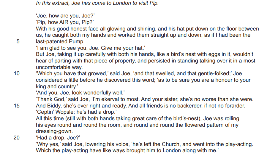 Text from "Great Expectations" by Charles Dickens, where Joe visits Pip in London, expressing warmth and admiration for Pip's accomplishments.