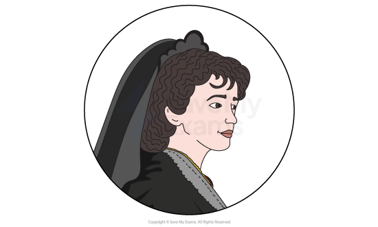 Illustration of a woman in profile wearing a black veil and Victorian-era clothing, with curly brown hair, set within a circular frame.