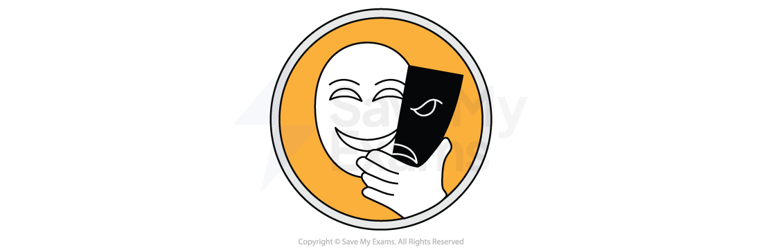 Smiling face holding a black mask with a sad expression against an orange circular background, symbolising contrasting emotions.