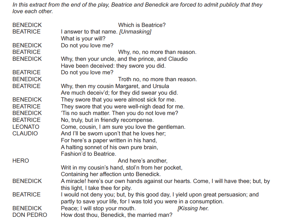 Text from "Much Ado About Nothing" where Beatrice and Benedick confess their love publicly. Includes dialogue between multiple characters and a kissing scene.