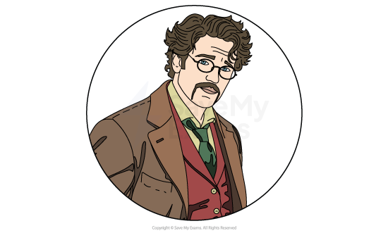 Illustration of a man with curly hair, moustache, and glasses wearing a brown suit, red waistcoat, and green tie, in a circular frame.