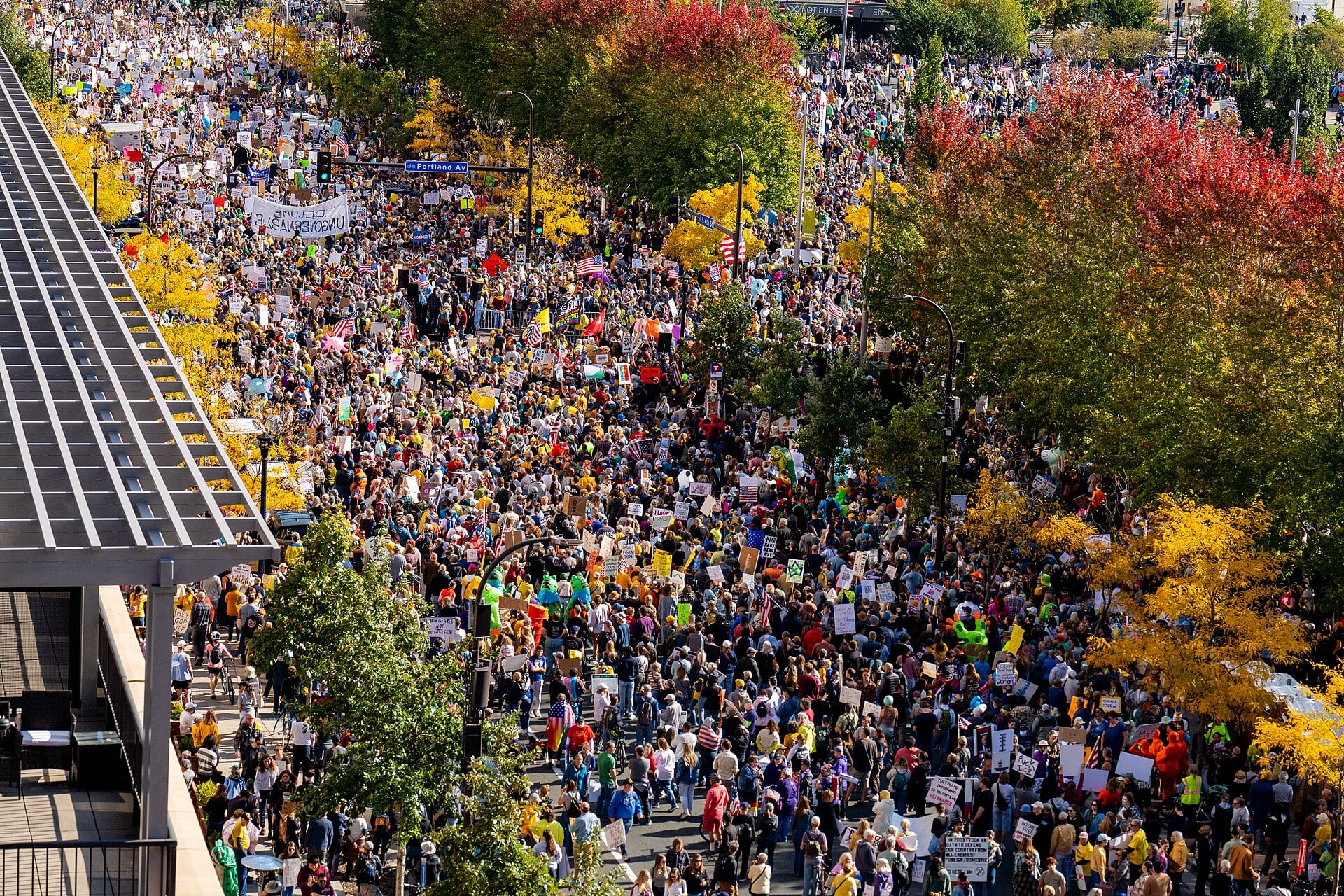 Aerial view of a large, colourful crowd protesting in an autumn street, holding signs among trees with yellow and red leaves.