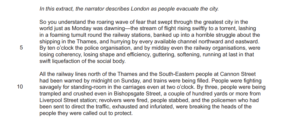 Text describing London evacuation with chaotic scenes of people struggling at railway stations and streets near the Thames, highlighting fear and disorder.