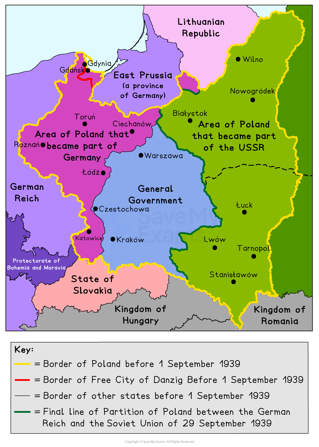 Map of Poland's partition between Germany and the USSR in 1939, highlighting areas absorbed and borders with neighbouring countries and regions.