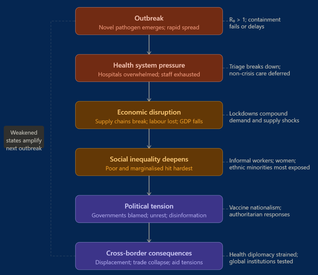 Flowchart showing how a disease outbreak escalates into health system strain, economic disruption, deeper inequality, political tension and cross-border crises