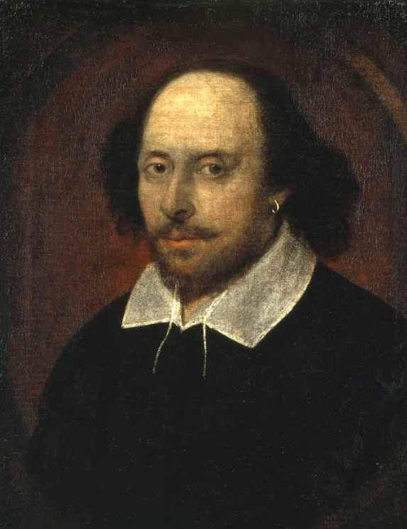 Oil portrait of a balding man with dark hair, small beard and hoop earring, wearing a black doublet with a white collar against a dark background