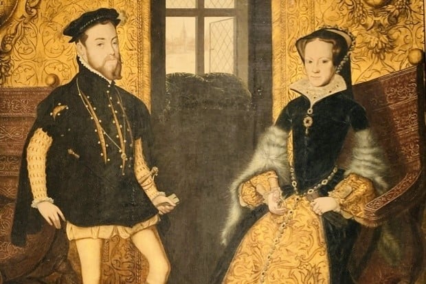A historical painting depicts a man and woman in luxurious 16th-century attire, set against an ornate interior with a window in the background.