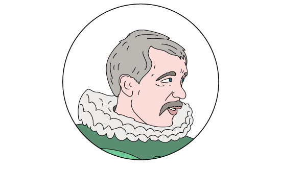 Illustration of a man in profile with short grey hair and a moustache, wearing a ruffled collar and green attire, set within a circular frame.