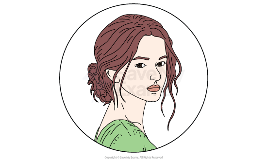 Illustration of a woman with wavy auburn hair in a bun, wearing a green top, looking back over her shoulder, encircled by a thin black line.