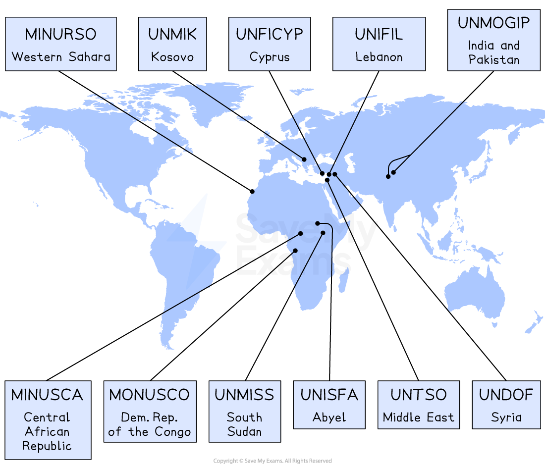 World map showing locations of UN peacekeeping missions including Western Sahara, Kosovo, Cyprus, Lebanon, India-Pakistan, Africa, and the Middle East.