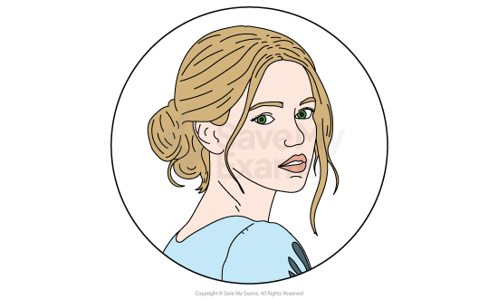Illustration of a woman with light brown hair in a bun, wearing a light blue top, glancing over her shoulder within a circular frame.