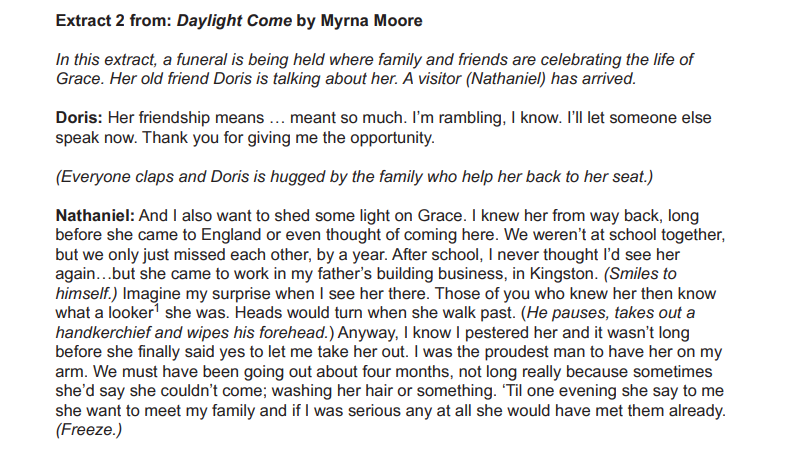 Text from a play extract titled "Daylight Come" by Myrna Moore. Characters Doris and Nathaniel speak fondly at Grace’s funeral, sharing personal memories.