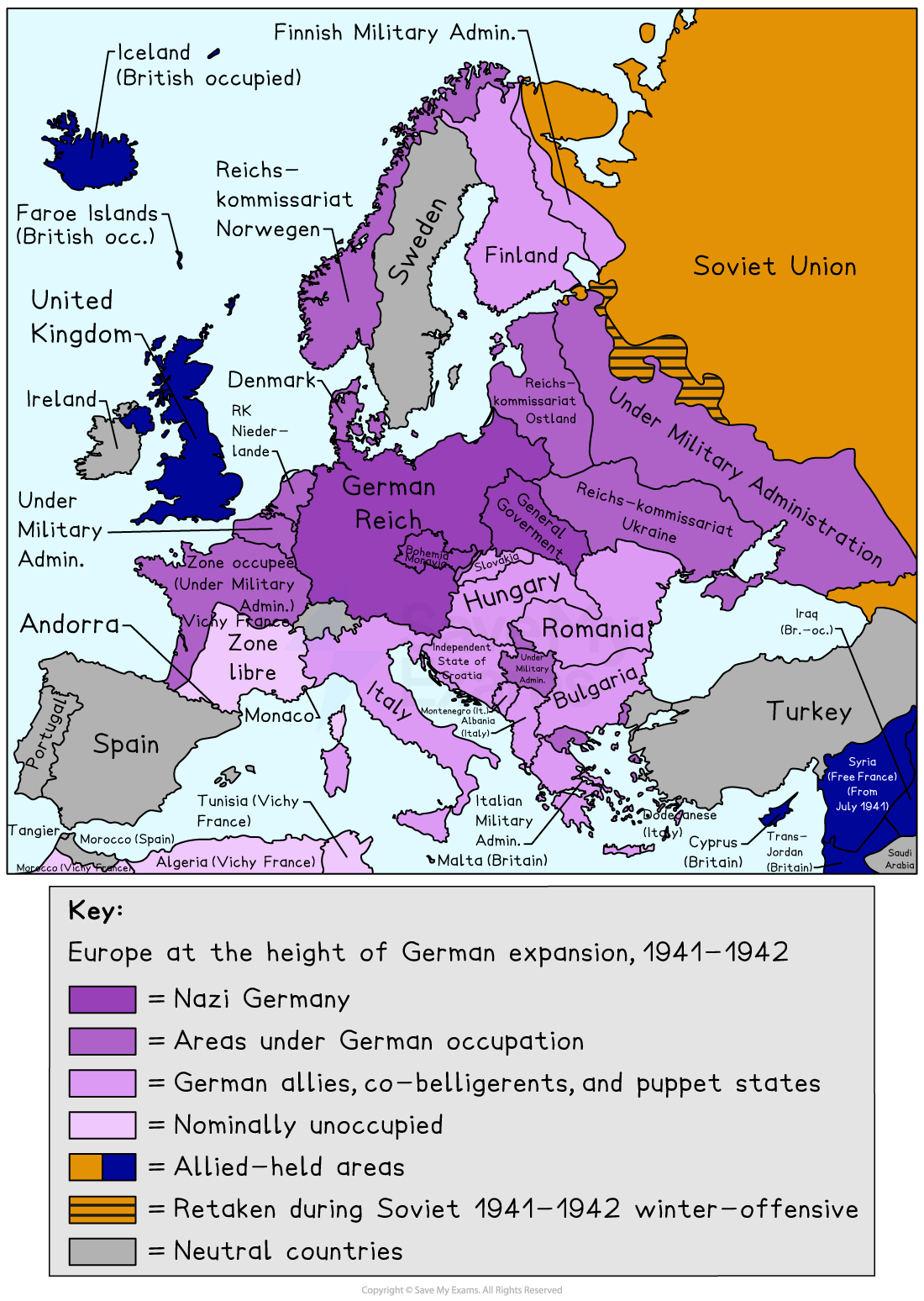 Map showing Europe during peak German expansion (1941-1942), with areas marked for Nazi control, occupation, allies, and neutral zones.