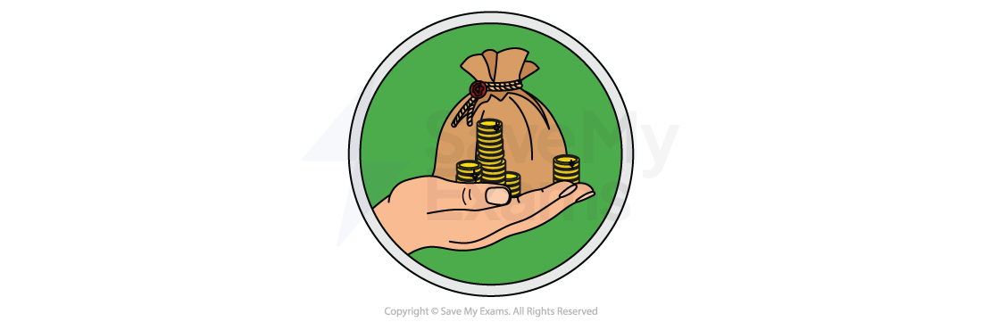 A hand holding piles of gold coins with a tied money bag in the background, set against a green circular background.