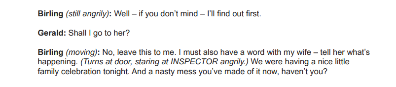 A dialogue excerpt from a play with Birling angrily addressing conflicts during a disrupted family celebration involving the Inspector.