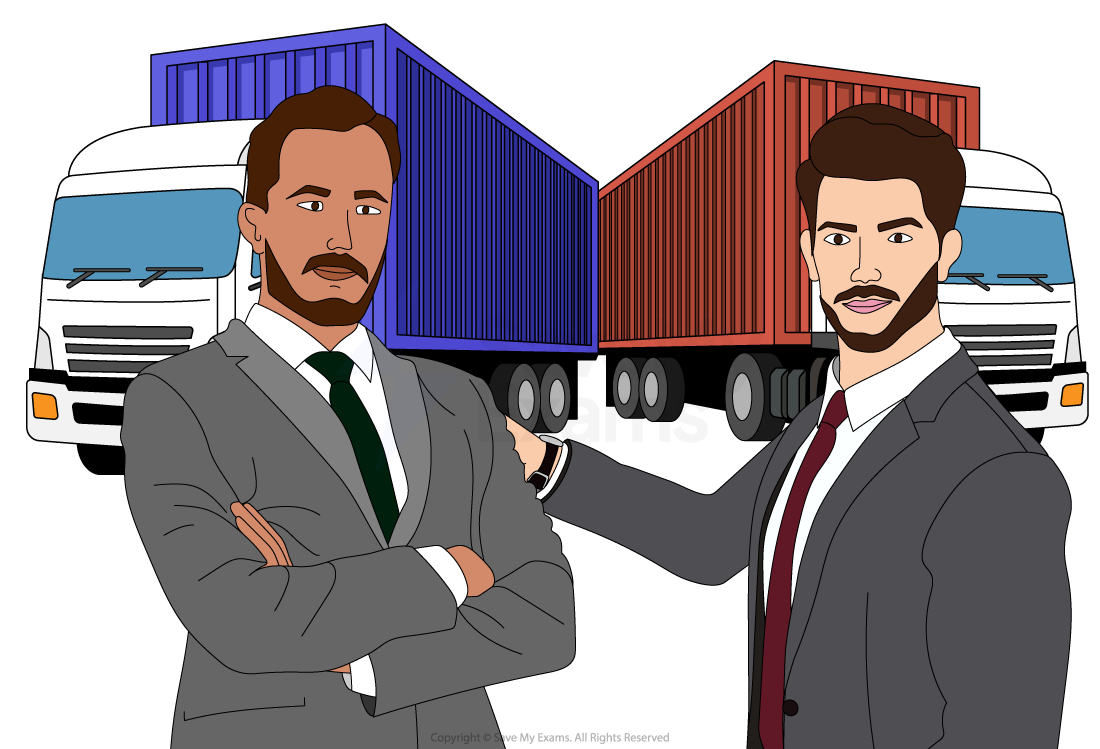 Five businesspeople in suits shake hands in front of five large trucks from different brands, indicating a business agreement or partnership.