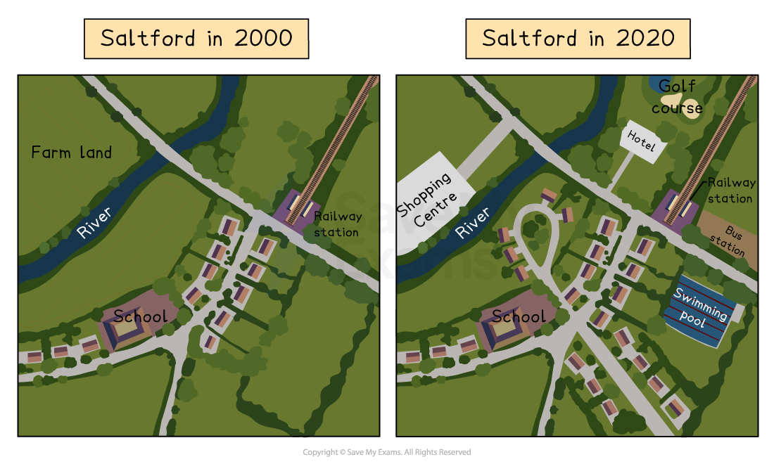 Map of Saltford in 2020 showing a river, shopping centre, school, swimming pool, hotel, golf course, railway, and bus station with houses.