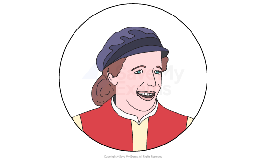 Illustration of a smiling person in historical attire with a red vest, yellow shirt, and blue cap, set within a circular frame.
