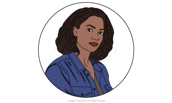 Illustration of a woman with shoulder-length brown hair, wearing a blue denim jacket over a grey top, set against a white circular background.