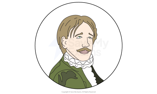 Illustration of a man with a moustache and brown hair, wearing a green jacket and ruffled collar, inside a circular frame.