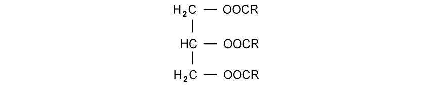 Chemical structure of a triester, showing three parallel hydrocarbon chains, each with the formula H₂C-OOCR, connected to a central carbon atom.