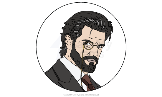 Illustration of a stern man with dark hair, beard, monocle, and wearing a suit, viewed within a circular frame, against a plain background.