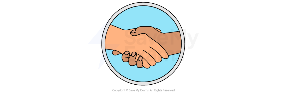 Two cartoon hands shaking inside a blue circular background, symbolising cooperation and agreement.