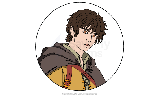 Illustration of a young, rugged individual with tousled brown hair, wearing a brown cloak over a yellow tunic, looking intently forward.