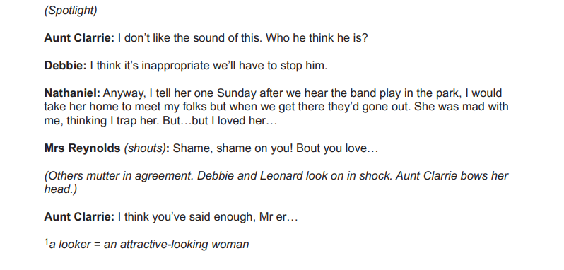 Script excerpt with dialogue among four characters discussing a conflict after a park event. Aunt Clarrie and others react with disapproval.