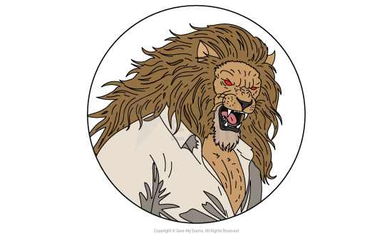 Illustration of a lion with a fierce expression, red eyes, and flowing mane, wearing a torn white shirt, enclosed in a circular frame.