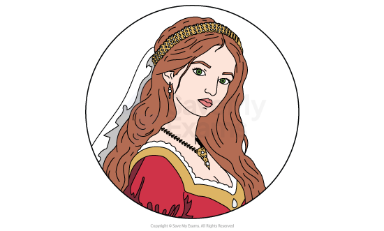 Illustration of a woman with red hair and a bejewelled headband, wearing a red and gold medieval dress, inside a circular frame.