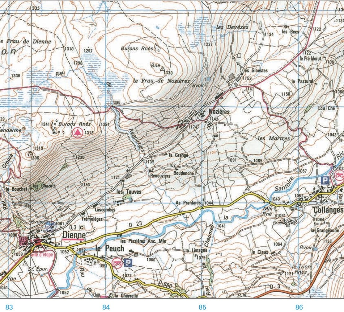 Topographic map section showing terrain features, contour lines, roads, and place names around Dienne and Nozières, with elevation markings.