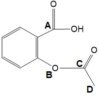 Chemical structure of benzene-1,2-dicarboxylic acid, with four atoms labelled A, B, C and D
