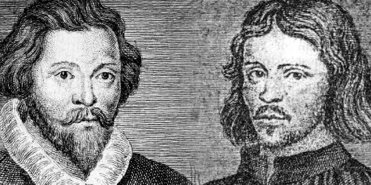 Engraved portraits of two bearded men in Renaissance clothing, shown side by side in black and white with detailed facial features and textured shading