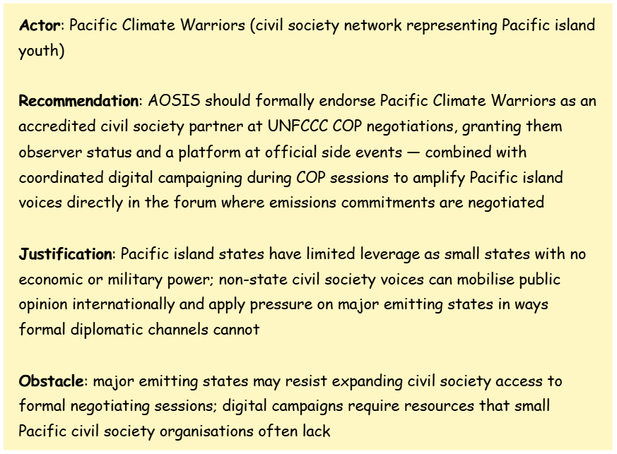 Slide with yellow background outlining: Actor Pacific Climate Warriors, recommendation for AOSIS to endorse them at UNFCCC COP, justification, and challenges.