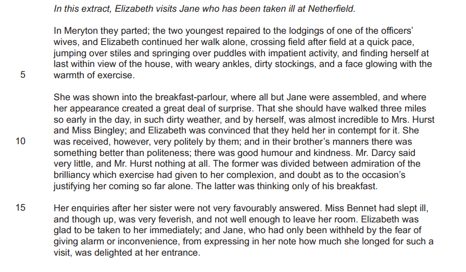 Text excerpt from a novel with Elizabeth visiting an ill Jane at Netherfield. Describes her tiring journey, surprise at her arrival, and her inquiry about Jane.