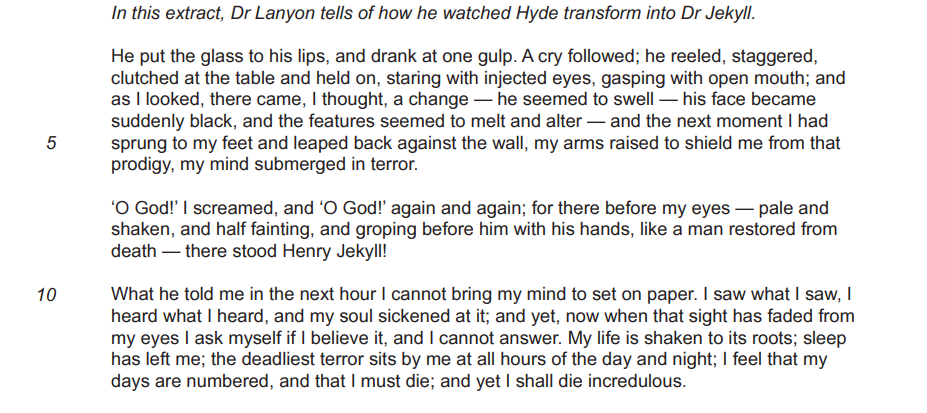 Text from Dr Lanyon describing witnessing Hyde's transformation into Dr Jekyll, expressing terror and disbelief at the horrifying event.
