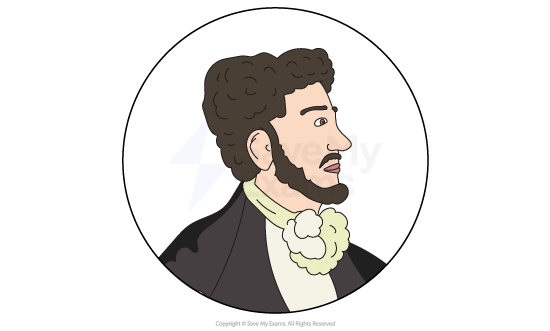 Illustration of a bearded man with curly hair in profile, wearing a dark coat and a ruffled cravat, set within a circle on a plain background.