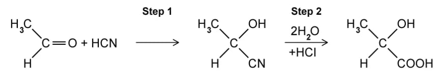 Two-step reaction sequence for ethanal reacting with hydrogen cyanide (Step 1)  followed by hydrochloric acid (step 2) to make 2-hydroxypropanoic acid.