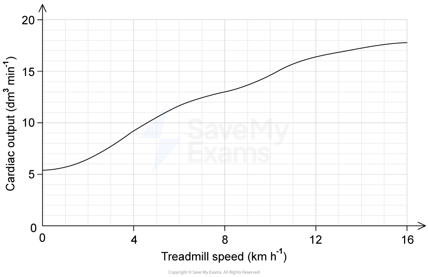 Graph of cardiac output vs treadmill speed, showing a steady increase from 5 to 20 dm³ min⁻¹ as speed increases from 0 to 16 km h⁻¹.