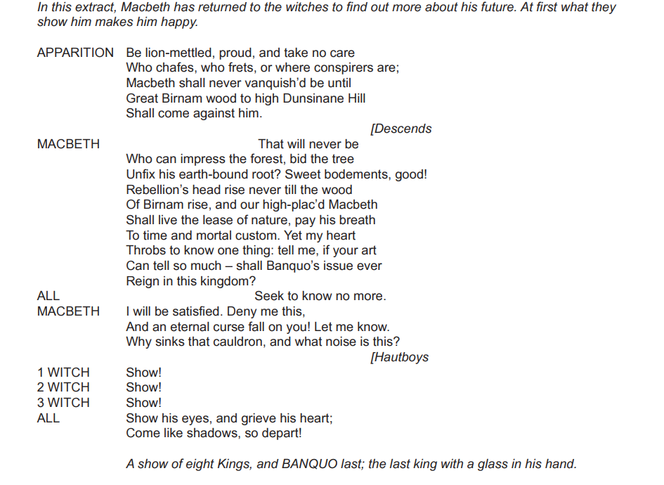 Text from a scene in Shakespeare's "Macbeth" where apparitions and witches deliver prophecies. Macbeth seeks to learn more about his fate.