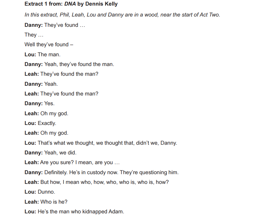Text from a play extract with characters discussing finding a man. Dialogue includes Danny, Lou, and Leah, referencing the kidnapping of Adam.