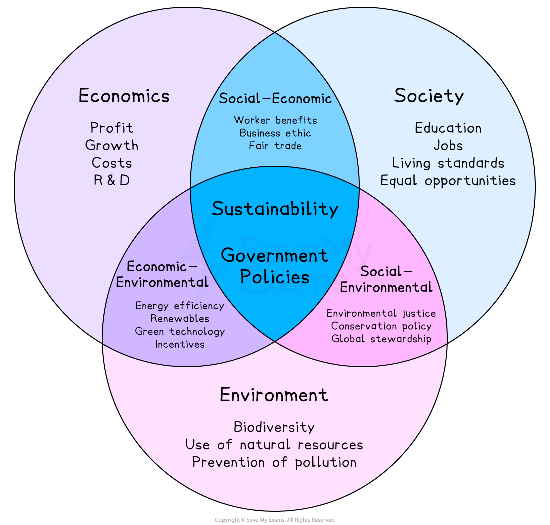 Venn diagram with three circles labelled Economics, Society, and Environment, overlapping at Sustainability and Government Policies in the centre.